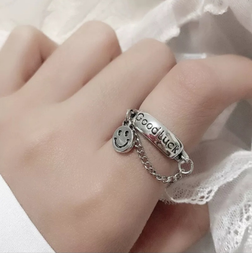 Silver Good Luck Smiley Face Charm Chain Dangle Adjustable Ring - Picture 10 of 16